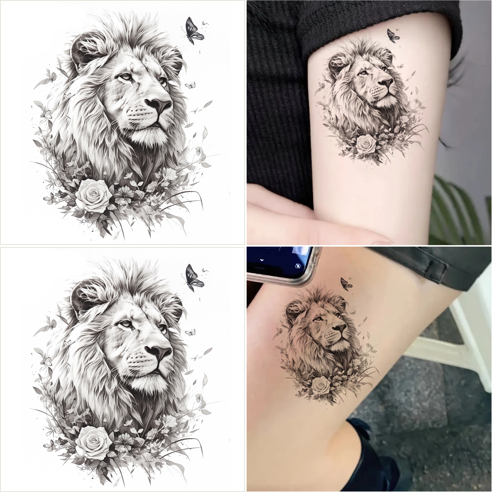 2pcs Cool Lion Floral Temporary Tattoo For Adults Waterproof, Long-lasting, Realistic Perfect For Halloween Body Art Stickers Fake Tattoo Stickers For , Party Favors, Gifts