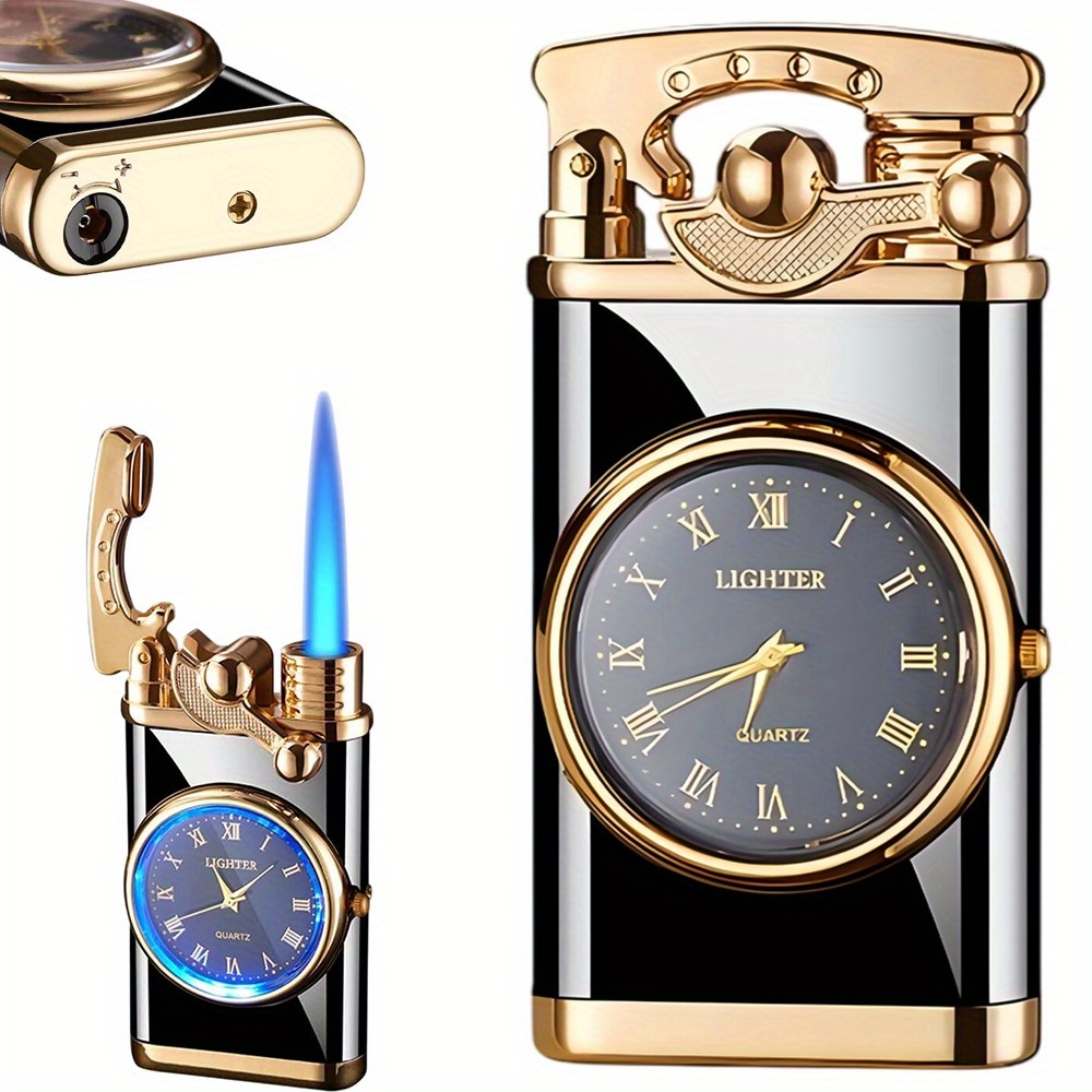   Lighter with   Watch Design - Compact & Portable Self-Starting Ignition, Flintless Safety Mechanism, Golden-Tone & Black Case, Quartz Movement, Battery-Powered (No Refills/ ) for Outdoor, Camping,   - Elegant Functional Accessory with   Clock Face, Golden-Tone Hands, and Durable Metal Construction for Daily Use