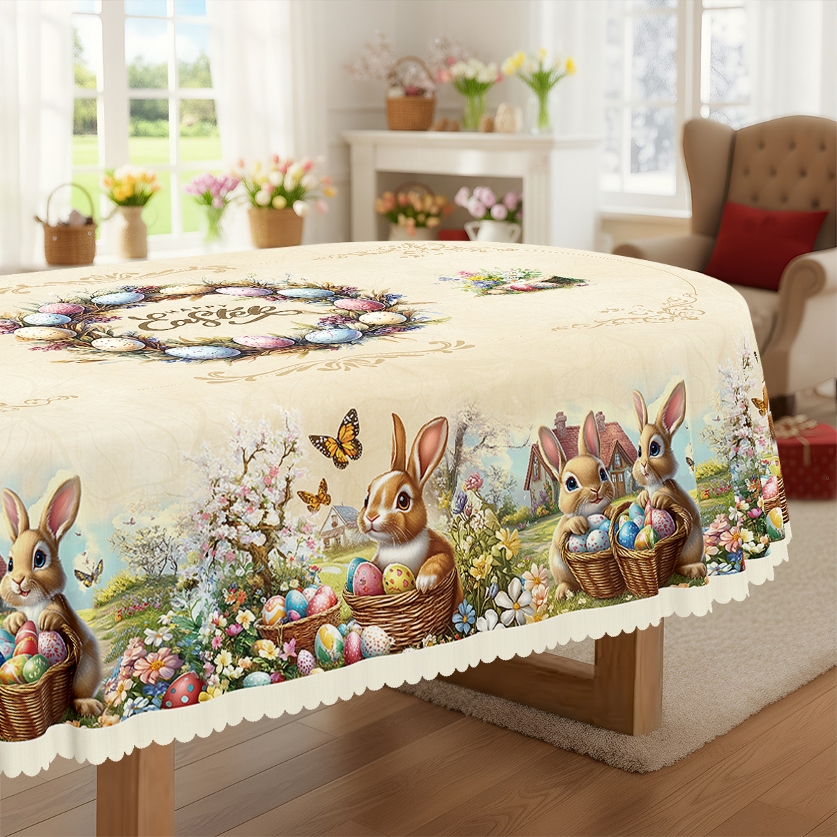 TEMU 1pc, Easter Themed Party Tablecloth, Spring Summer Rabbit Colored Eggs Daisy Floral Printed Design, Rectangular/round/oval Table Cloth, Embossed
