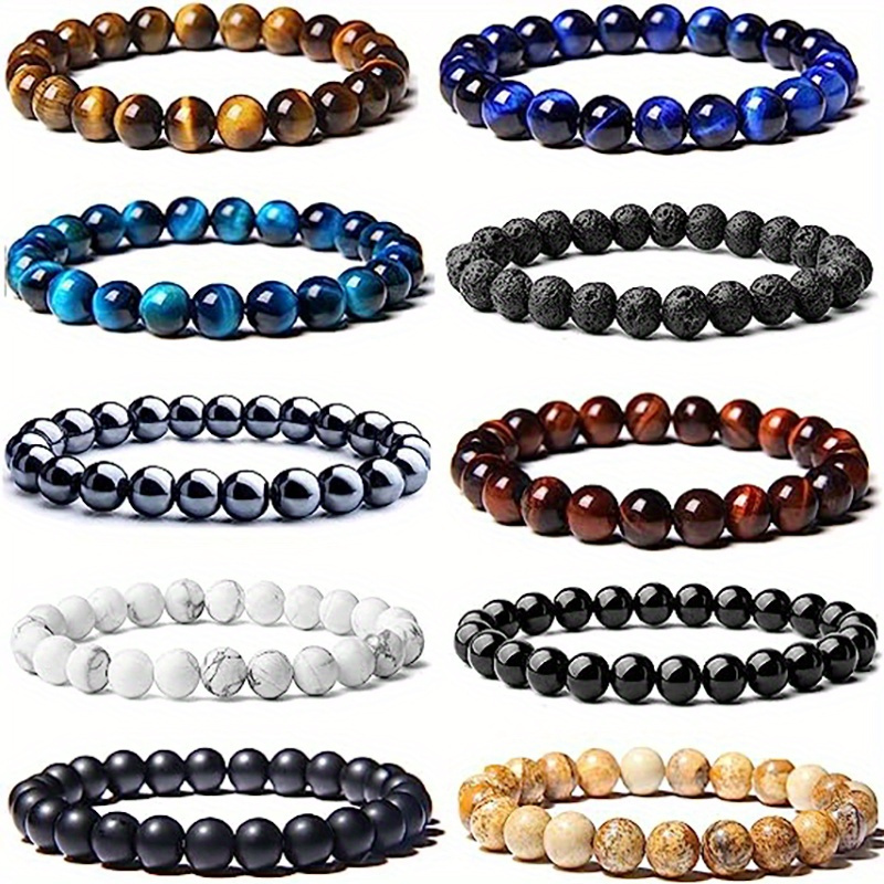 TEMU 10pcs Set 8mm Bracelet Round Beaded Bracelet Men And Women Stone Stone Natural Stone Stretch Beaded Bracelet Unisex, Suitable For Men And Women Holiday Gift Simple Gift