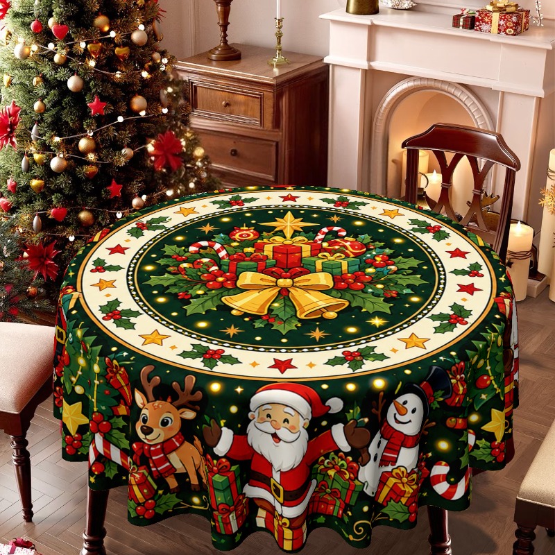 TEMU 1pc Tablecloth, Christmas-themed Round Tablecloth, Featuring Santa Claus, Reindeer, Snowmen, And Festive Decorations, Ideal For Home Kitchen,