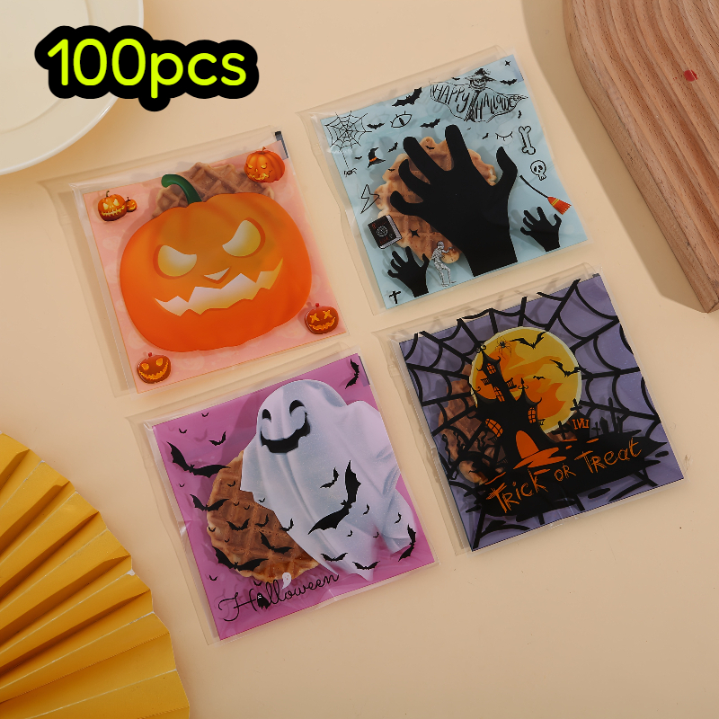 TEMU 100pcs Mixed Styles - Halloween Self-adhesive Goodie Bags - Plastic Treat Pouches For Trick-or-treat, Party Favors, Candy & Small Gifts,