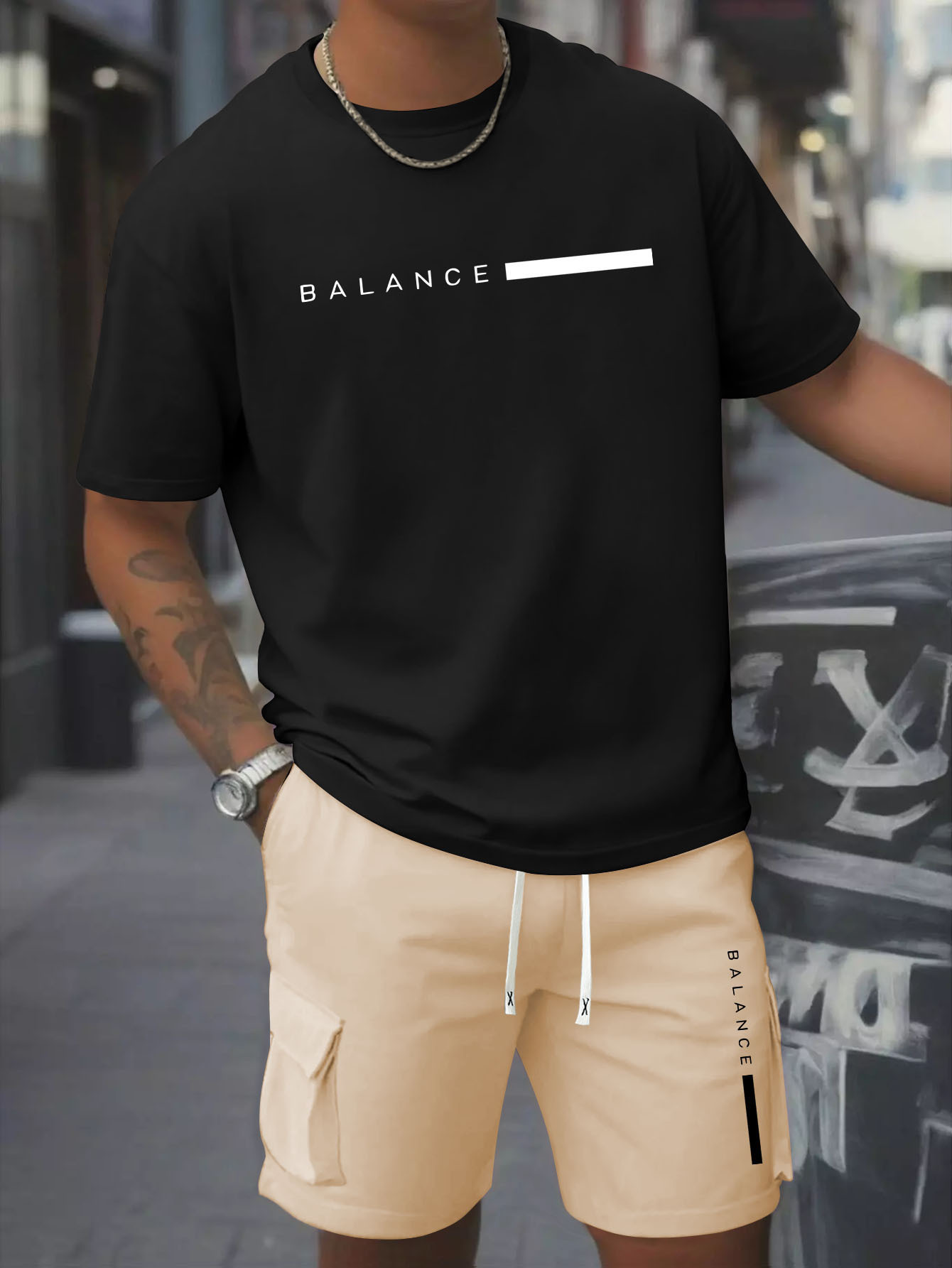 Printed Men's 2pcs Set: Round Neck Cotton Short Sleeve T-Shirt and Work Shorts, Suitable for Spring/Summer