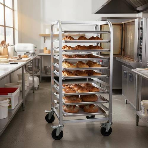 commercial bakery bread rack with braked wheels 10 tier aluminum racking trolley storage bread baking load capacity 240kg 660 x 515 x 985mm for bakeries and snack bars