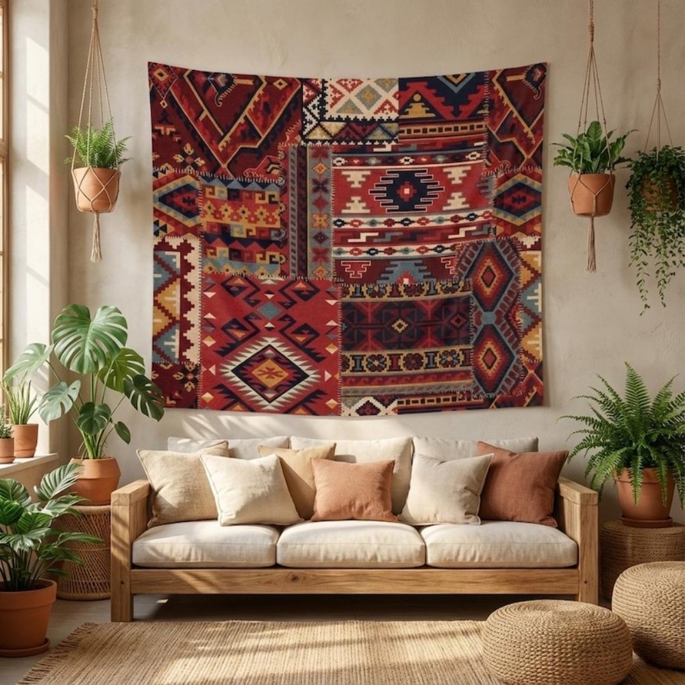 TEMU 1pc Tapestry Traditional Turkish Carpet Wall Hanging Red Oriental Geometric Decor (free Installation Kit Included)
