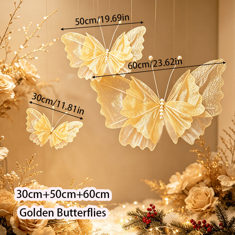 TEMU Set da 3 pezzi di grandi ornamenti a in organza flessibile con perle e glitter dorati, adatti per appenderli all'albero di Natale, decorazioni