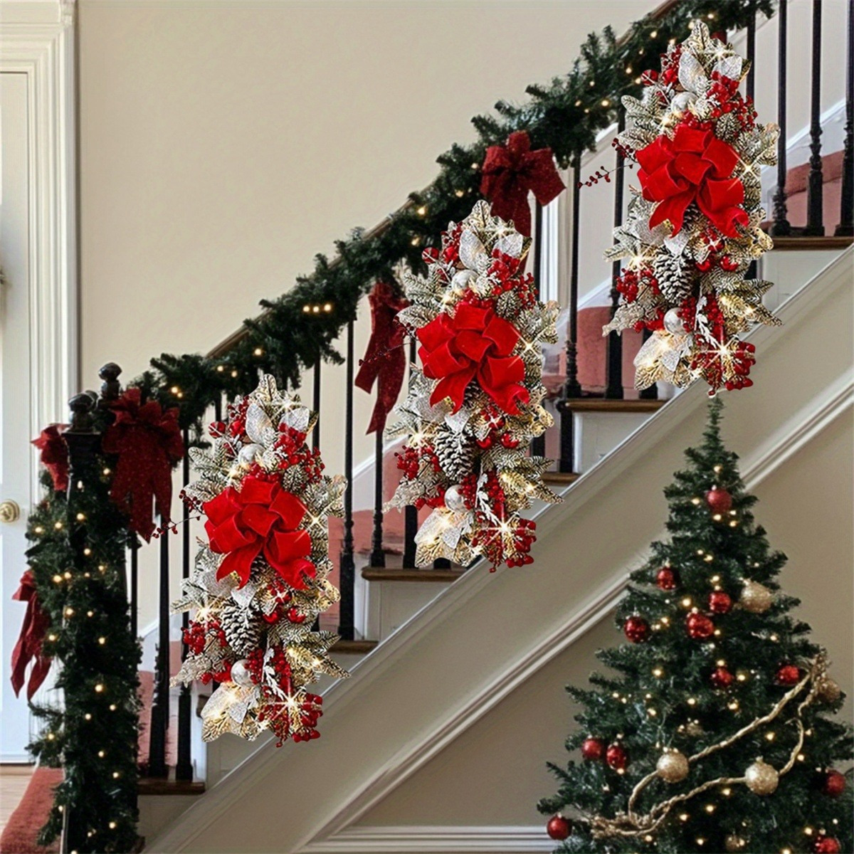 

1/2/3/4/5/6pcs Fabric Christmas Swags With Light-up Berries, Artificial Teardrop Wreath, For Indoor Staircase Railings, Fireplaces, , Holiday Party Decor