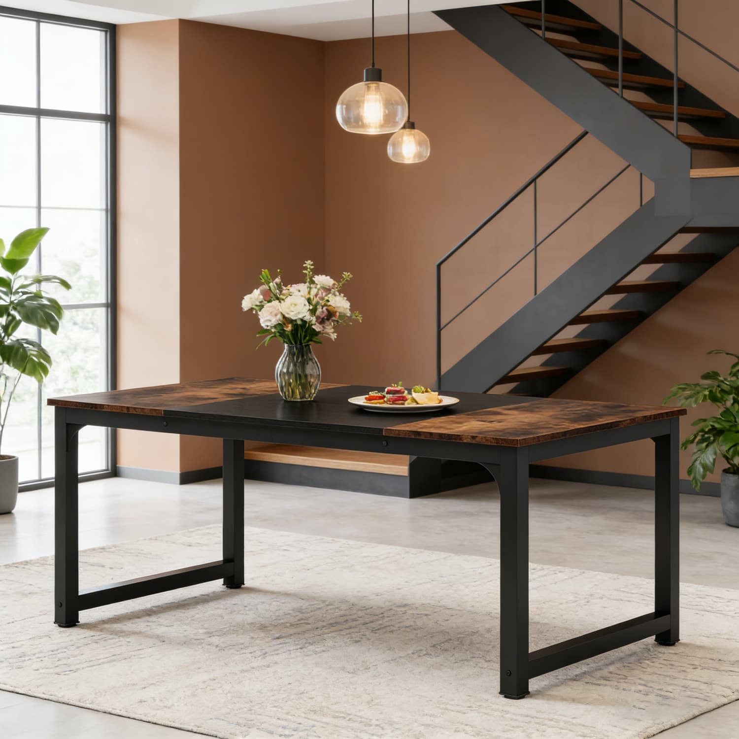 Industrial Dining Table, Heavy Duty Metal, 160 X 80 X 75 Cm, 4 To 6 People, Multifunctional Living Room Table And Desk, Rustic Brown And Black