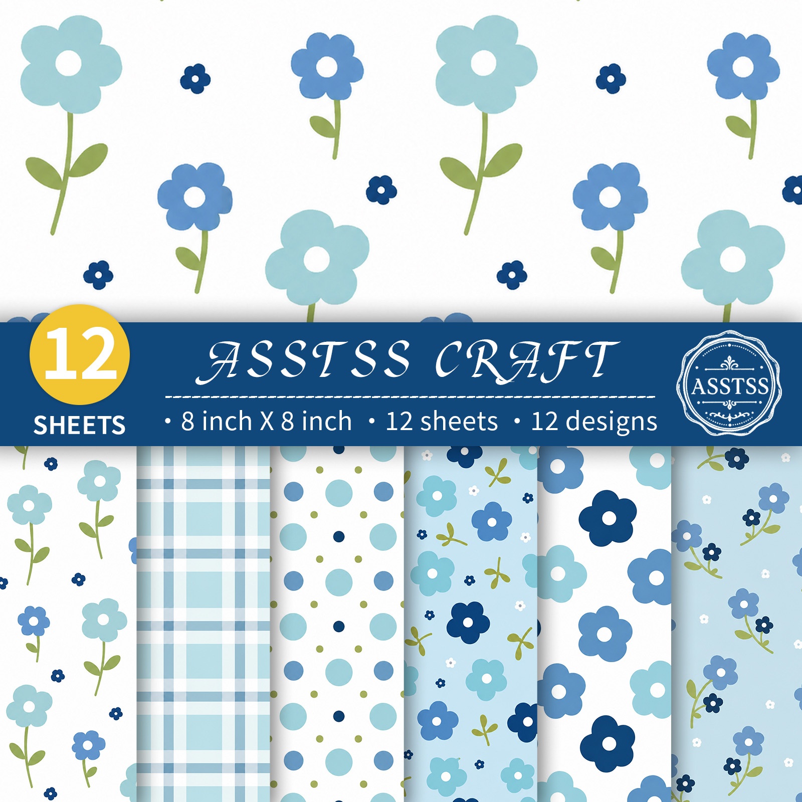 TEMU 12-sheet Asstss 8x8 Inch Scrapbooking Paper Pad, Blue Tone Small Floral Polka-dot Stripe Style Backing Paper Supplies, Heavyweight Cardstock For