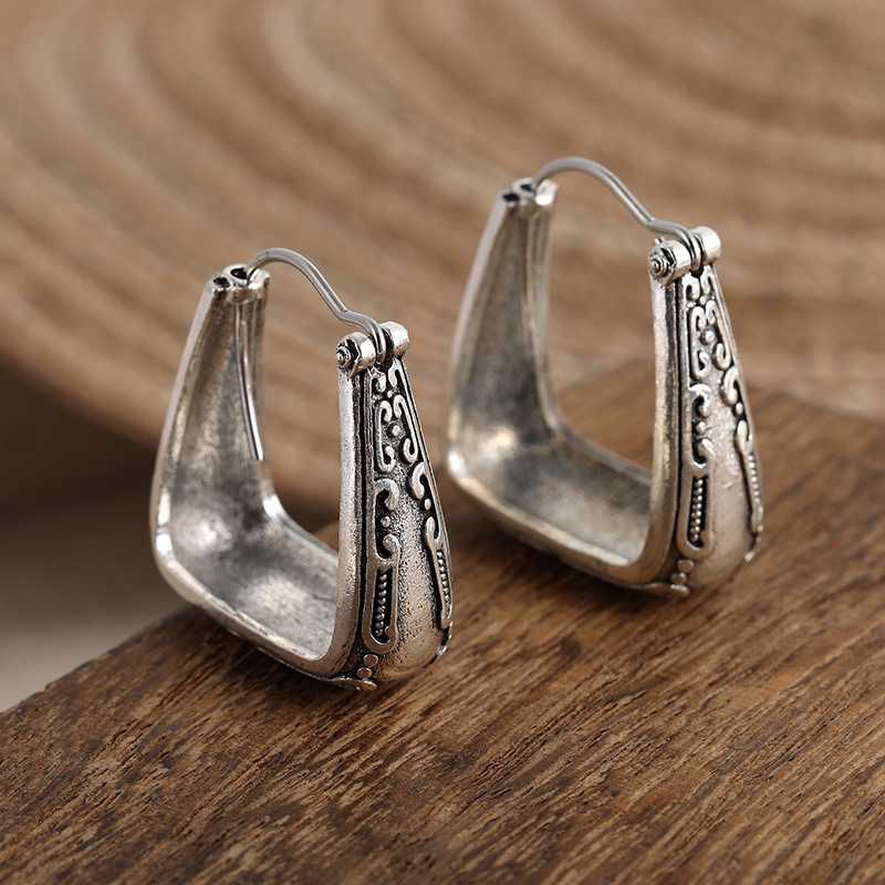 TEMU Vintage Carved Square Hoop Earrings, Bohemian Ethnic Style Antique Copper Earrings, Perfect Gift For Daily Wear & Vacation