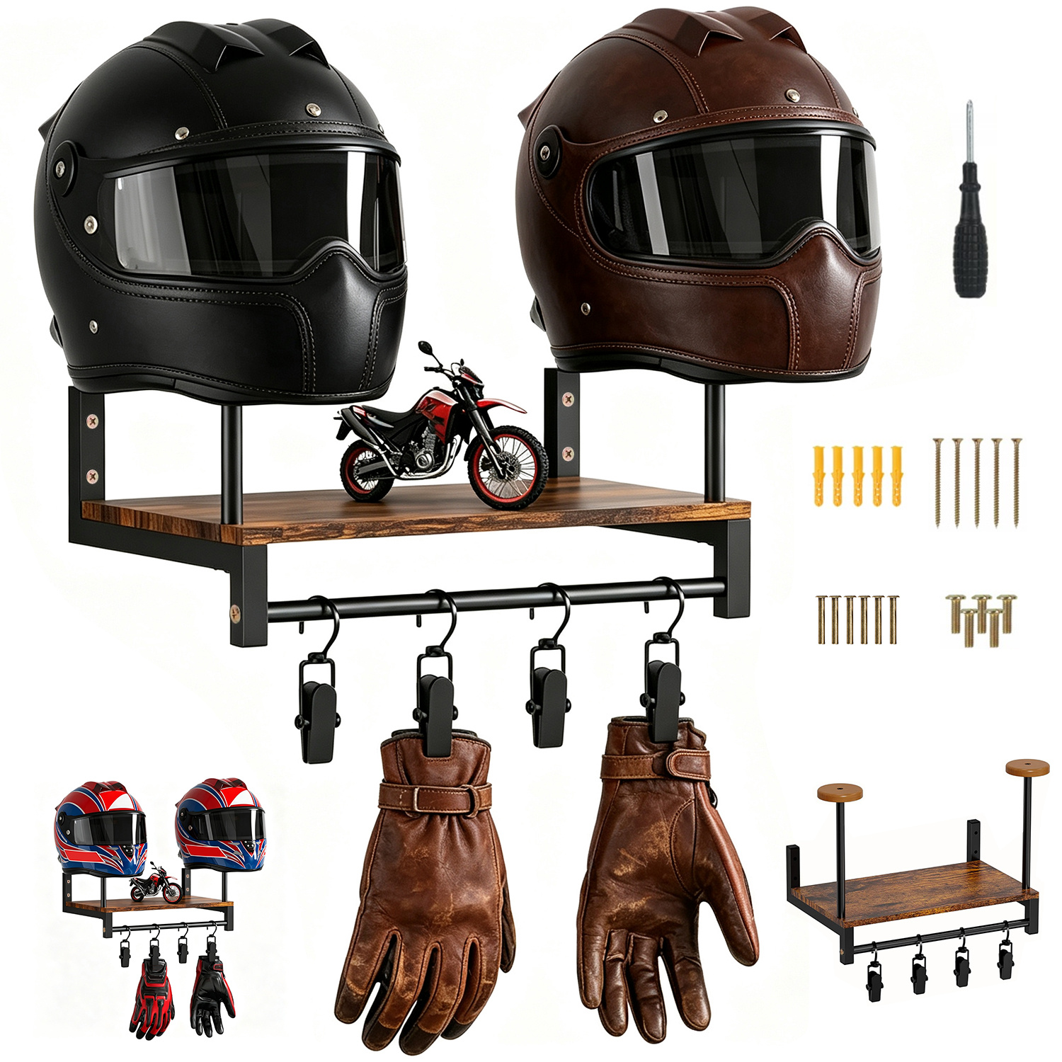 1 Set Wooden Motorcycle Helmet Bracket, With Clip, Adjustable Wall-mounted Bracket, Used For Placing Helmets, Hats, Jackets And Sports Equipment, Is An For Garages And Shops