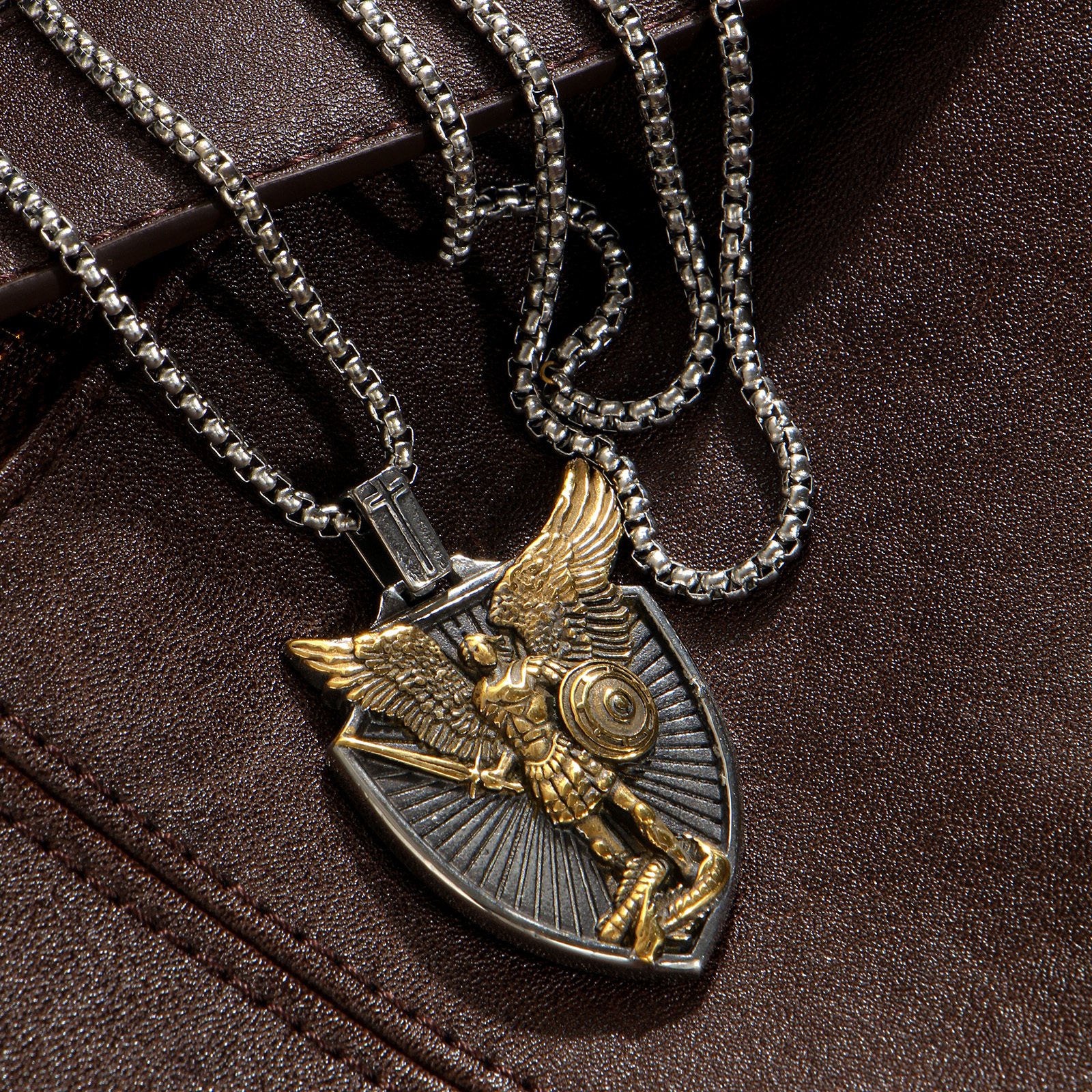 Image of Archangel Shield Pendant Necklace Men 304l Stainless Steel Golden Silvery Religious Catholic Amulet Necklace Fashion Accessory Gift