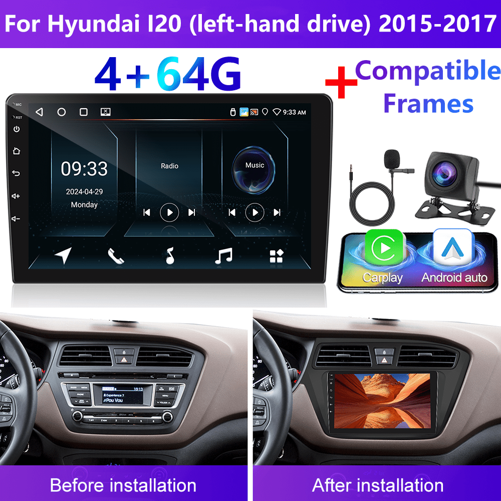 [4+64g] Double Din Car Stereo Radio For I20 (left-hand Drive) 2015-2017 With & Inch Touch Screen Wireless Audio With Gps Navigation Swc Wifi Rds Backup Camera Mic