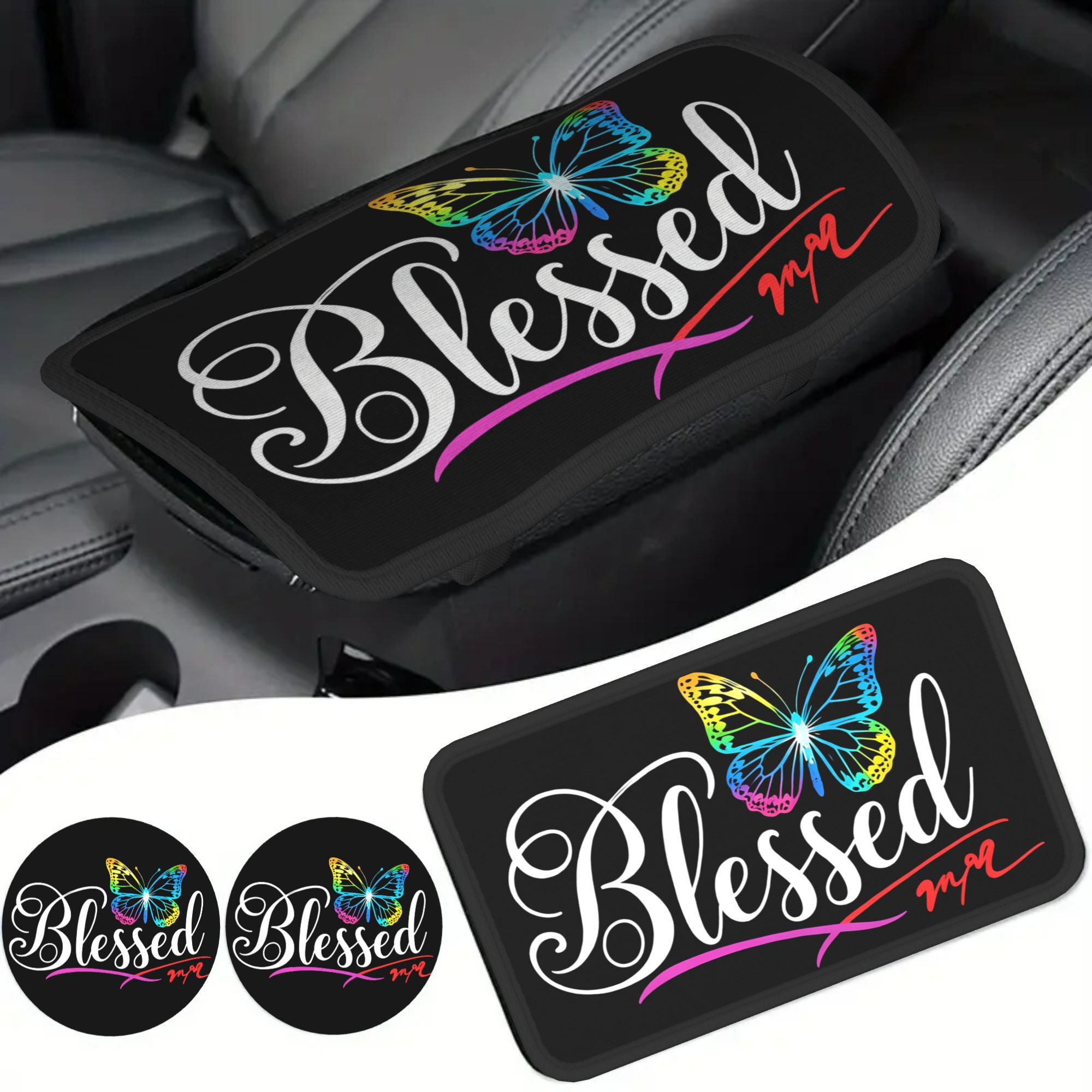 Armrest And Coaster Set, Black Background Home Decor Car Interior Additions And Decorations For Men And Women