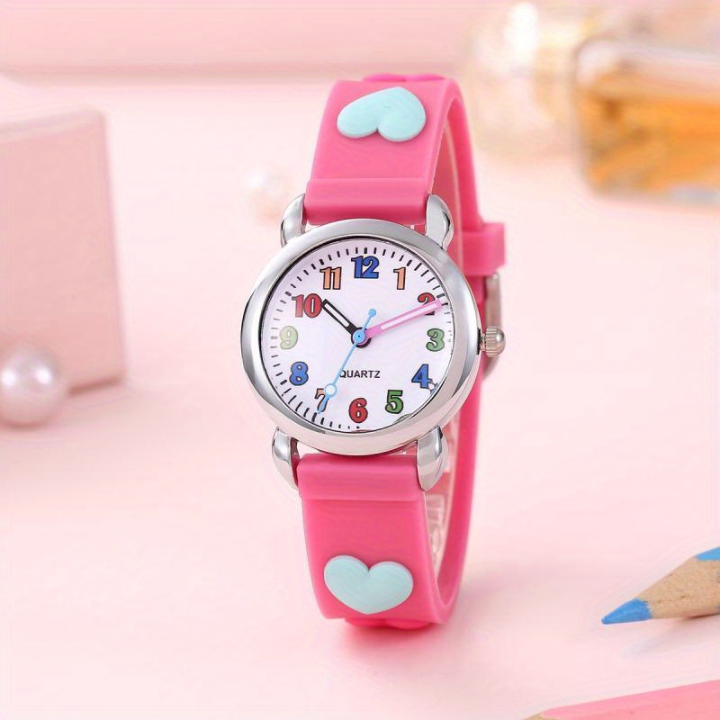 Colorful 12-digit 's Cartoon Student Heart-patterned Strap Watch