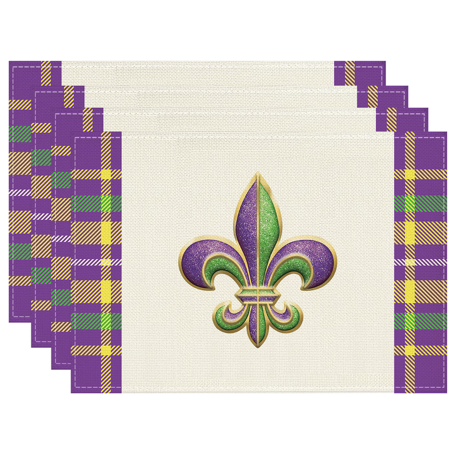 

4pcs Mardi Gras Placemats - 12x18 Inch, Diamond Grid With , Polyester, Hand Wash Only - Carnival Celebrations & Dining Decor