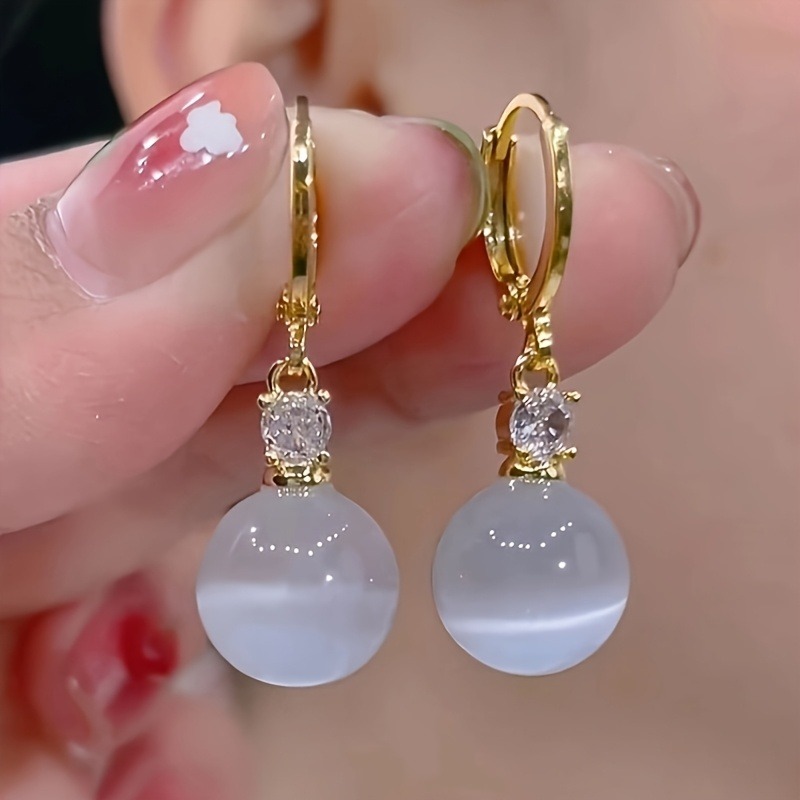 1 Pair Elegant Retro Round Cat'S Eye Stone Pendant Earrings - KC Golden-Plated Minimalist Y2K Style Dangle Earrings with Cat'S Eye Effect, Versatile for Daily Wear, Parties & Vacations, Valentine'S Day Gift for Women, Year-Round Timeless Jewelry