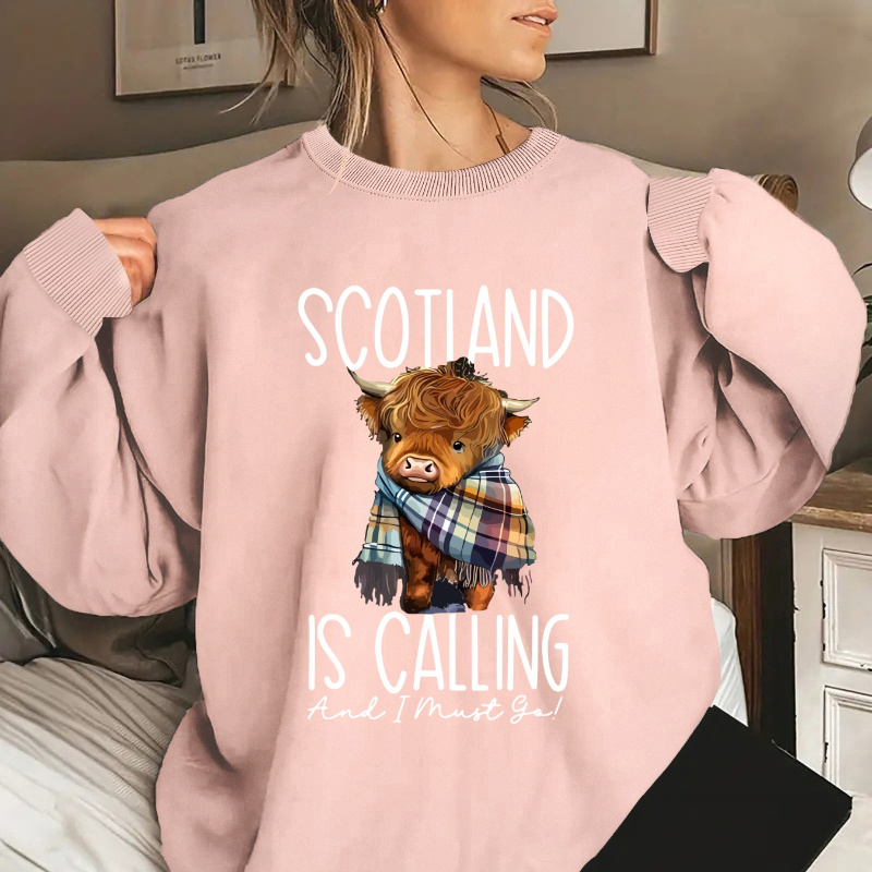 

Women's Casual Crew Neck Sweatshirt With Scotland Highland Cow Graphic, 100% Polyester Knit Fabric, Geometric Pattern, Regular Length, , 260gsm - Fashion Apparel