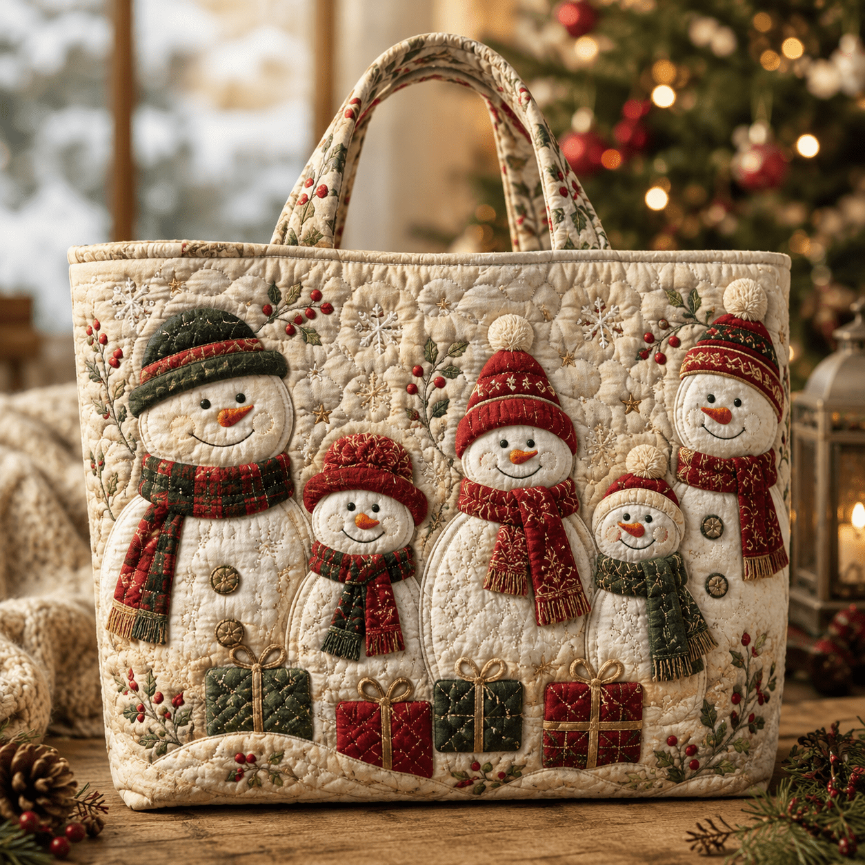 Image of Women's Quilted Tote Bag, Christmas Snowman Family Printed Shoulder Handbag, Lightweight Padded Handbag, Suitable For Gifts