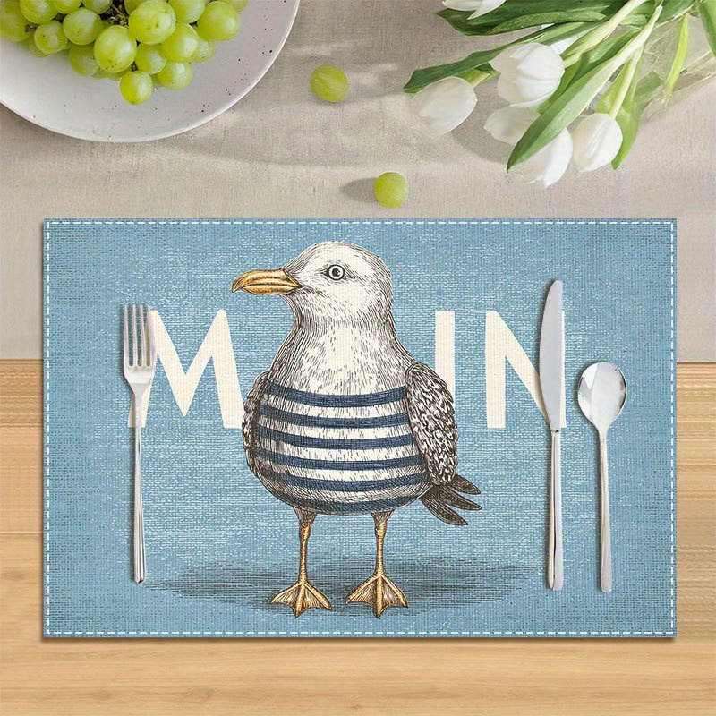 Image of 4pcs Cute Cartoon Seagull In Striped Sailor With Moin Text And Placemat Washable Placemats 12 X 18 Inches For Dining Table Kitchen Table Holiday Parties And Home Decor Ideal For And Dining Room Use