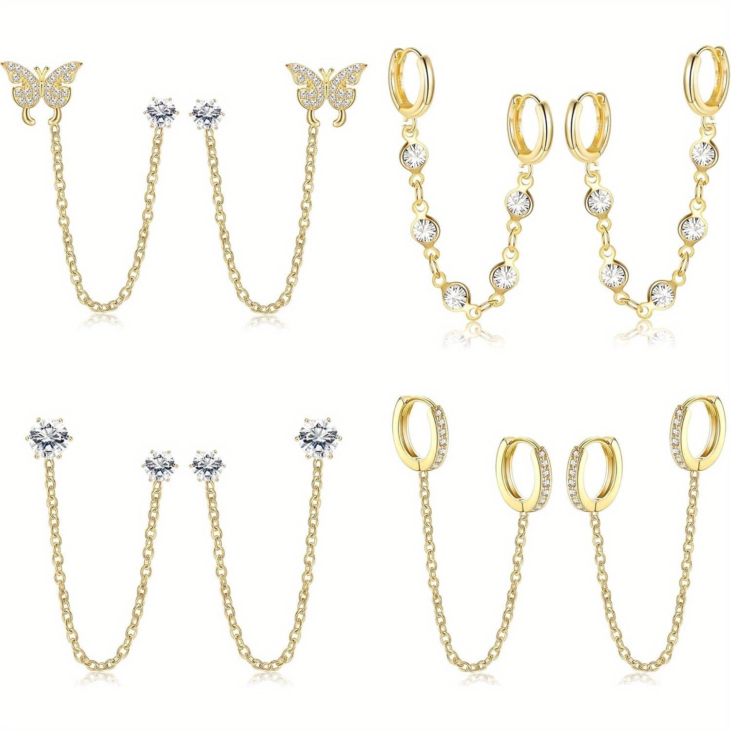 Image of 4 Pairs Trendy Chain Earrings For Women 14k Golden Plated Double Piercing Dangle Hoop Earrings Cz Chain Hoop Cartilage Studs Earrings Set