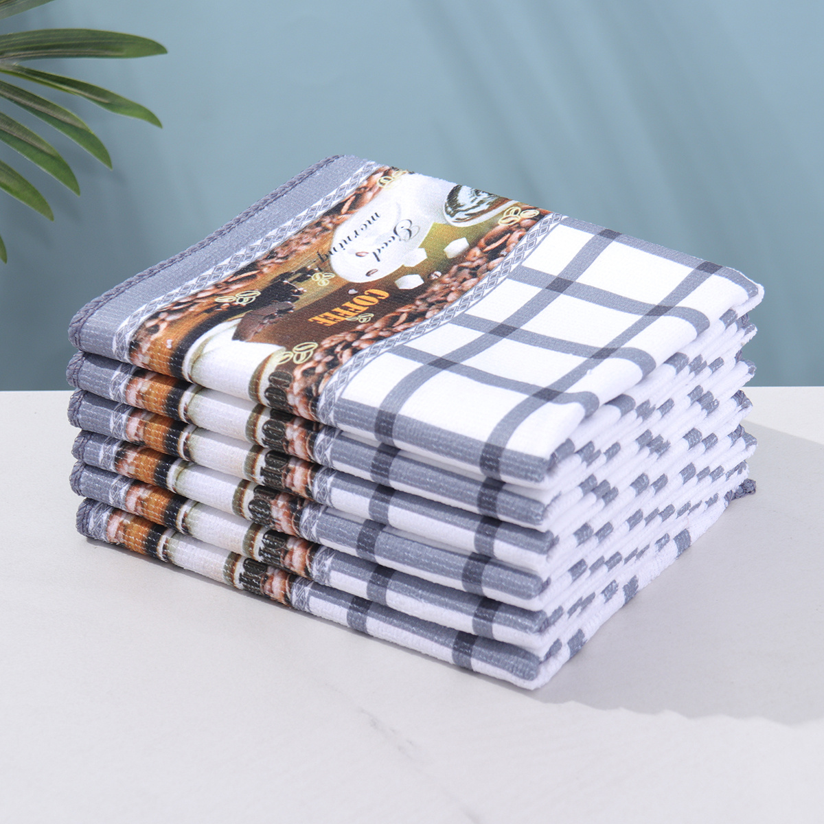 TEMU Set Of 6 Reusable Kitchen Towels, Dishcloths, And Cleaning Cloths, Featuring Large Colorful Checkered Patterns And Printed Coffee Cup Designs,