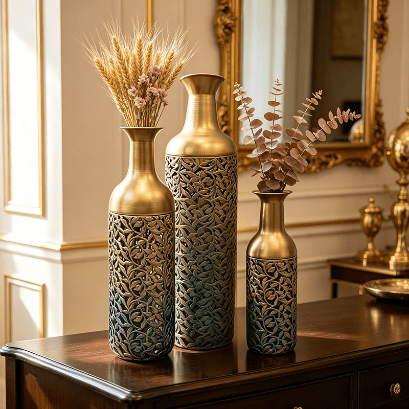 TEMU 3pcs Iron Art Vases, Floor Decoration For The Living Room, Tv Cabinet Ornaments, Dried Flower Vase For Arrangement, European Retro Golden Floor