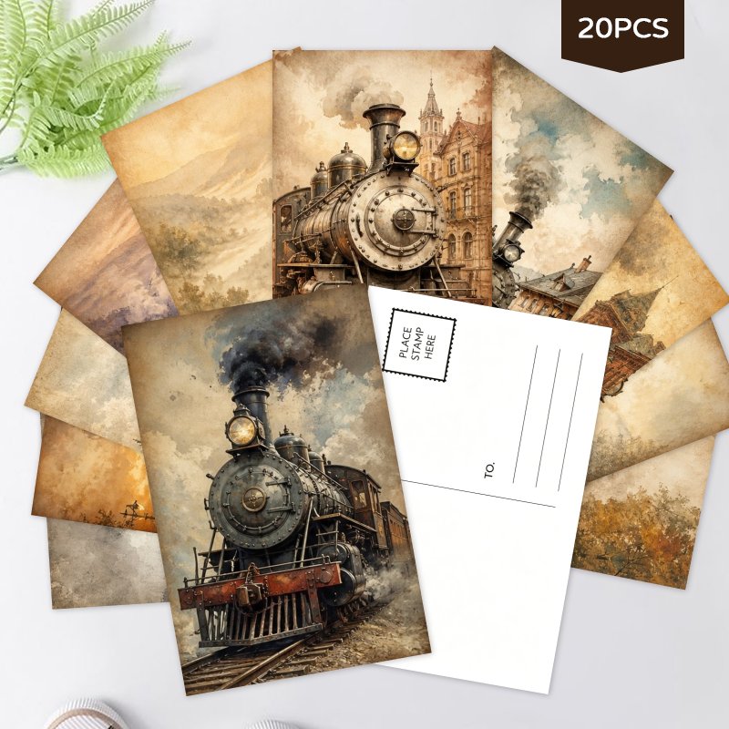 TEMU 20pcs Vintage Steam Train Art Postcards Blank Mailable Postcard Set Retro Travel Themed Postcards For Thank You Notes Greeting Party Supplies