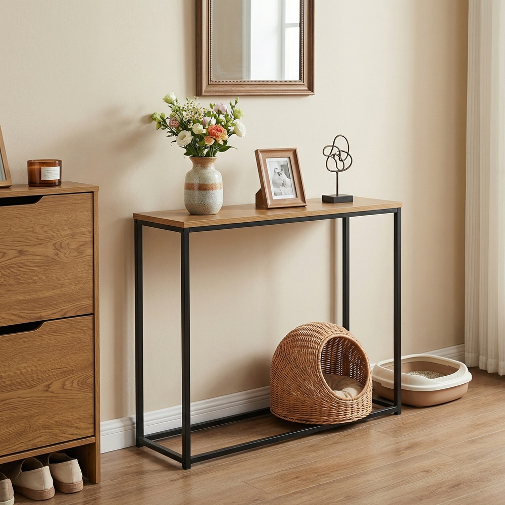 TEMU Console Table Wooden/marble-look Tabletop Hallway Desk | Entry Cleaning For Living Room Hallway, Black&wood//golden&white, , Assembled