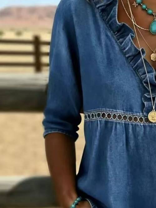 new womens v neck hollow out denim top loose and comfortable