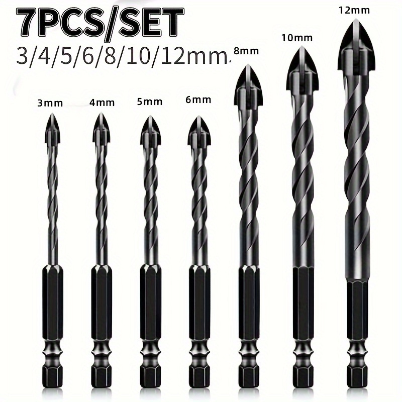 Set Of 7 Carbide Drill Bits Designed For Drilling Into Concrete, Cement, Tile, And Glass, Featuring A Hex Shank And Metal Build