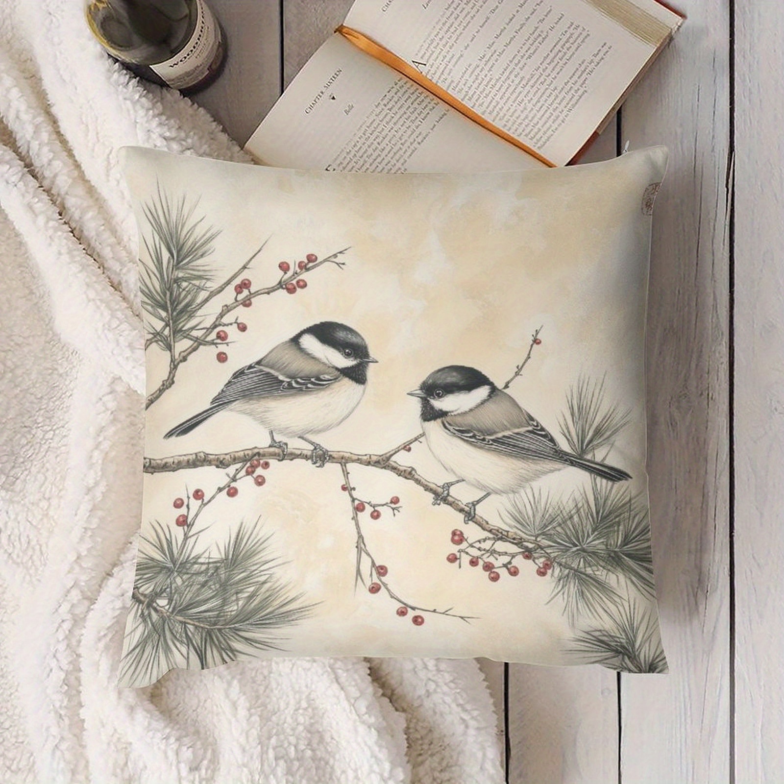 

1pc Style Chickadee Print Throw Pillow Cover, Polyester, Machine Washable, Zipper Closure, Woven, With For Room Types, For Christmas And Winter Decorative , Ideal Gift