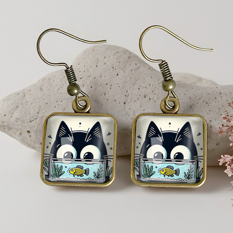 TEMU 1 Pair Cat And Fish Square Earring Glass Dangle Earrings Handmade Jewelry Gift For Friend, Without Battery