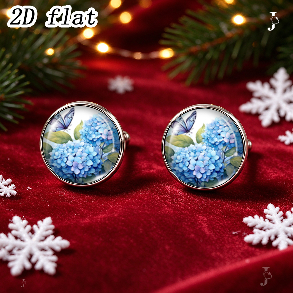 Blue Hydrangea & Butterfly Pattern Round Glass Stud Earrings