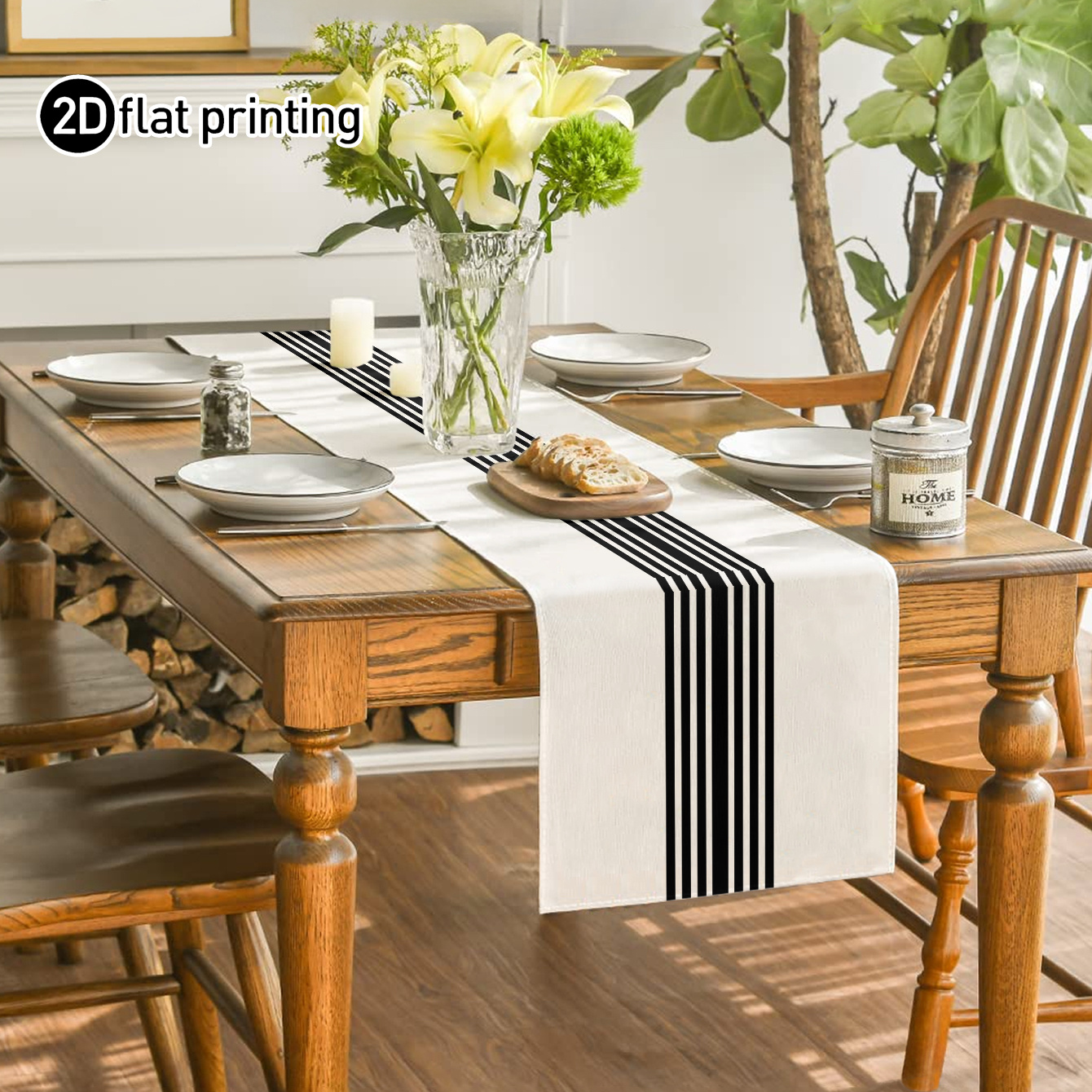 TEMU 1pc Minimalist Black And White Striped Table Runner - 2d Printed, Modern Living Room Light Luxury Table Runner, Dry And Washable, Suitable For