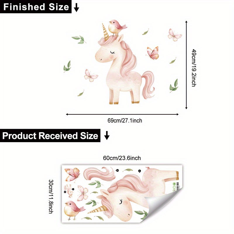 Image of Whimsical Unicorn, Bird & Wall Decals - Removable Stickers, Living Room, Bedroom, Entryway Or Hallway Decor - Self-adhesive, Reusable