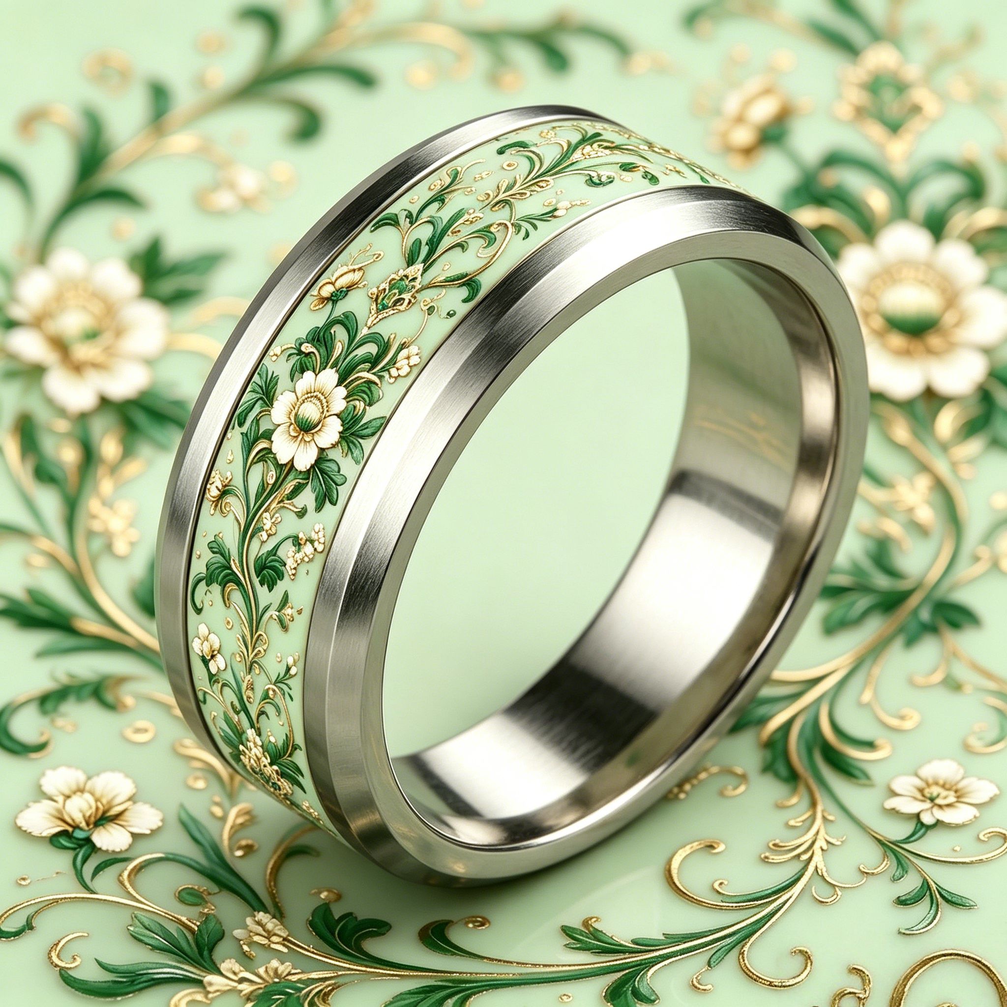 Light Blue Titanium Stainless Steel Ring with Floral Motifs