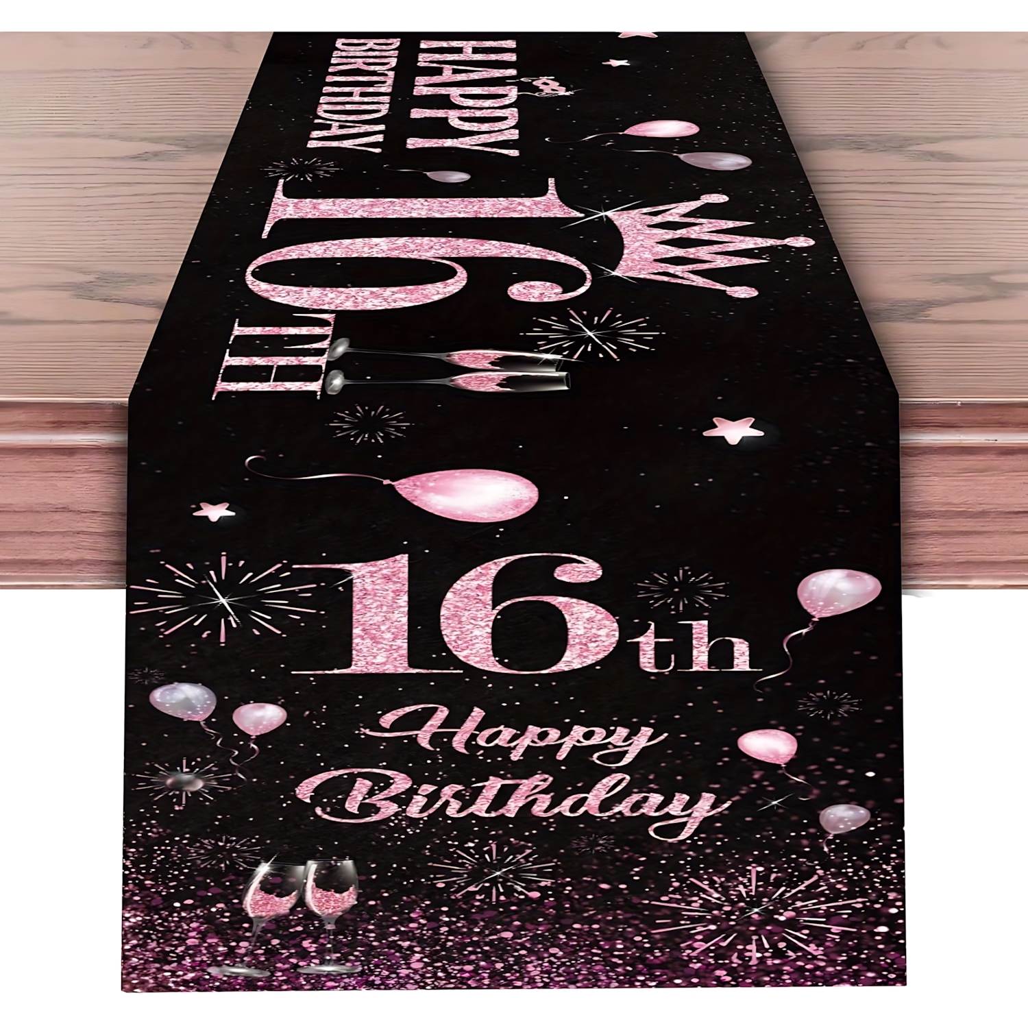 TEMU 1pc Sweet 16 Table Runner With Crown - Sparkling Birthday Banner Suitable For 16th Birthday Party Decorations, Polyester Fiber Elegant