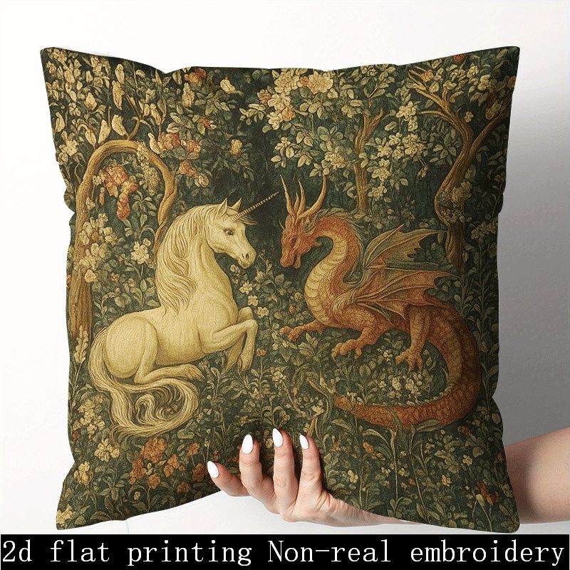 TEMU 1pc Large 18x18 Inch Medieval Cover - Unicorn Vs Design Case With Zipper Closure, Mythical Dragon & Unicorn Scales Print, Soft Polyester-like