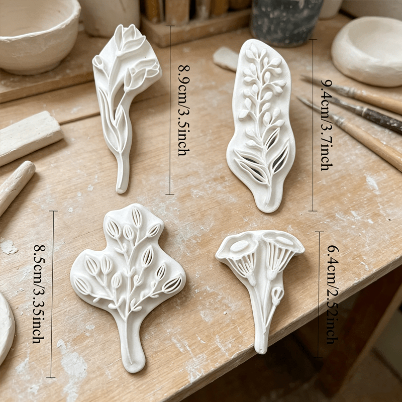 TEMU Ensemble de 4 moules de tampon en polymère à grandes feuilles florales de haute , kit d'outils d'artisanat , adapté à de la céramique et à la