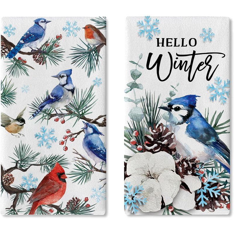 TEMU 2pcs, Serviettes de cuisine Hello Winter Birds, Serviettes de cuisine décoration d'hiver Cardinal et Calandre, Décoration de Noël à