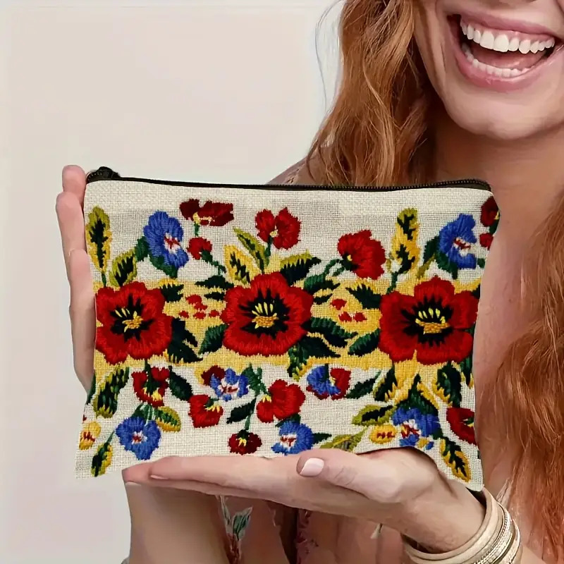 TEMU 1pc Ukrainian Print Makeup Bag With Ukrainian Marigold (') Design - Red & Yellow Floral Zippered Cosmetic Pouch, Portable Travel Organizer For