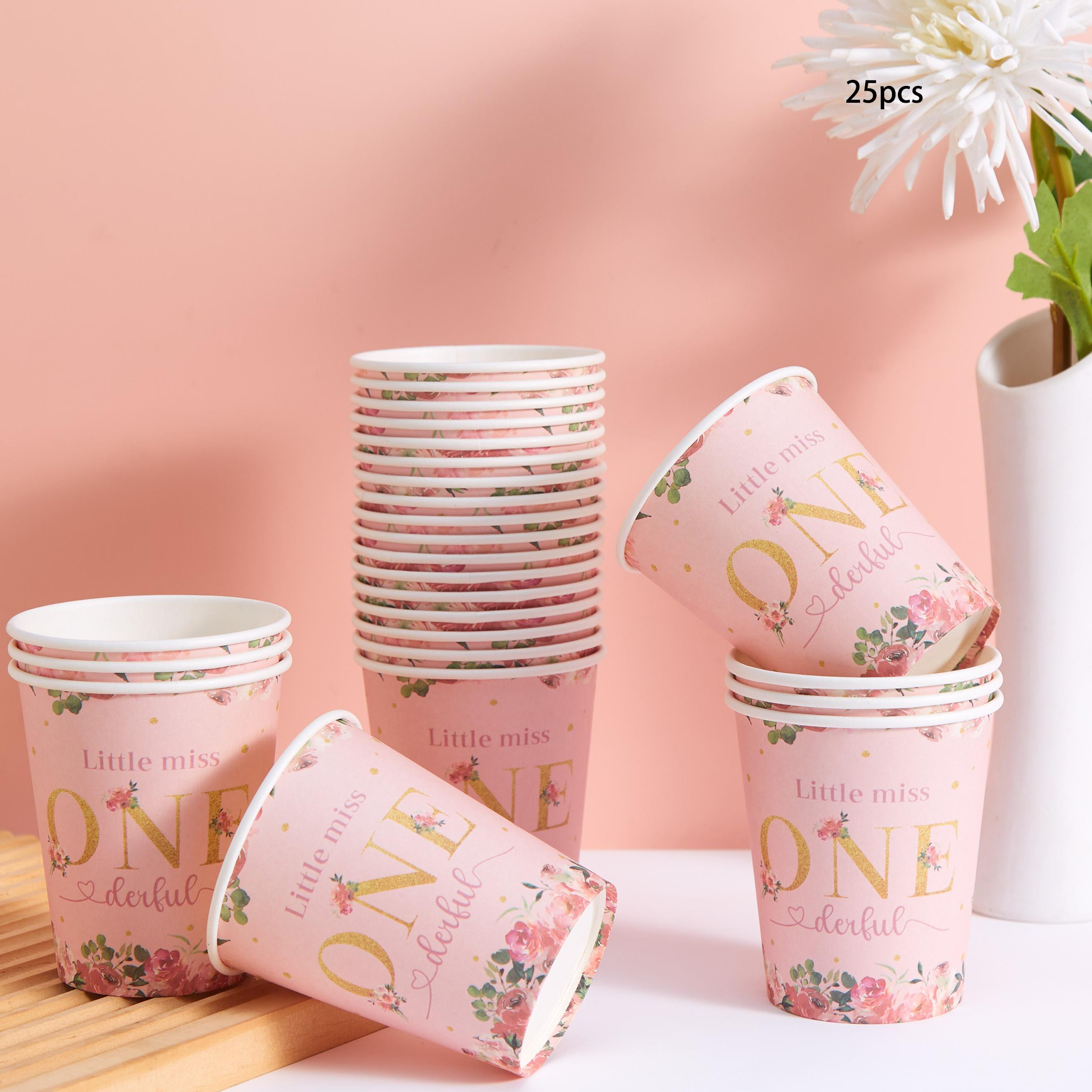 Image of 10/25 Disposable Paper Cups, 1 Year Old Pink Flower Themed Paper Cups, Cold Cups, And Cups, Suitable For Birthday Parties, Family Gatherings, Picnics, And Party Decorations For Halloween、christmas