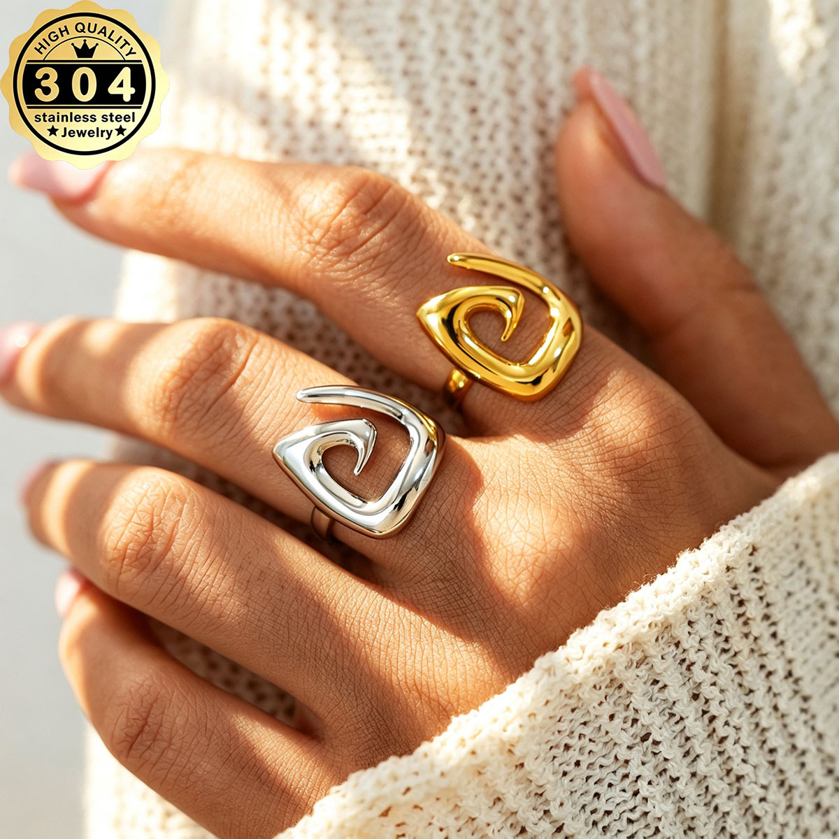 Irregular Hollow Spiral Vortex Statement Ring, 18K Gold Plated