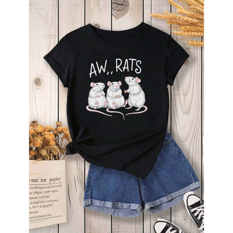 

Women's "aw, Rats" Graphic Tee - Adorable White Mouse Print, Short Sleeve Crew Neck, Soft Polyester , Casual Summer & Spring Top