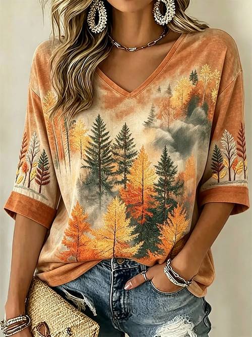 item picture women v neck three quarter sleeve t shirt autumn scenery pine maple trees landscape graphic print contrast cuff sleeve tree pattern loose fit soft lightweight nature daily going out tops