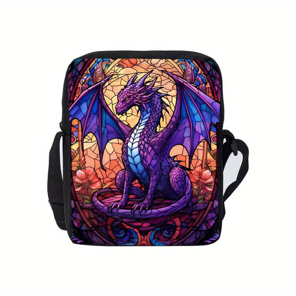 

1pc Dragon Print Polyester Messenger Bag, Lightweight Crossbody With Zipper Closure, Paint Detail, Polyester Lining, Hand Washable - Black