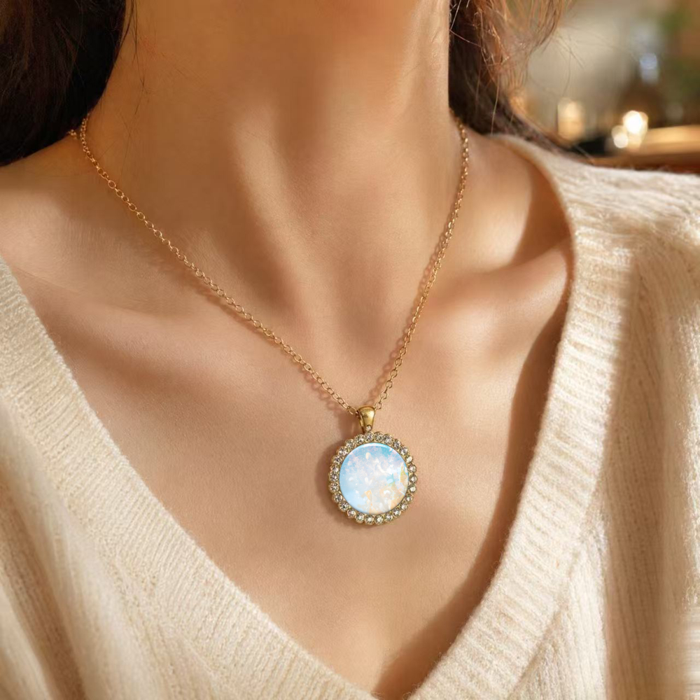 Unisex 2D Flat Opal Stone Golden Chain Necklace, Versatile Gift