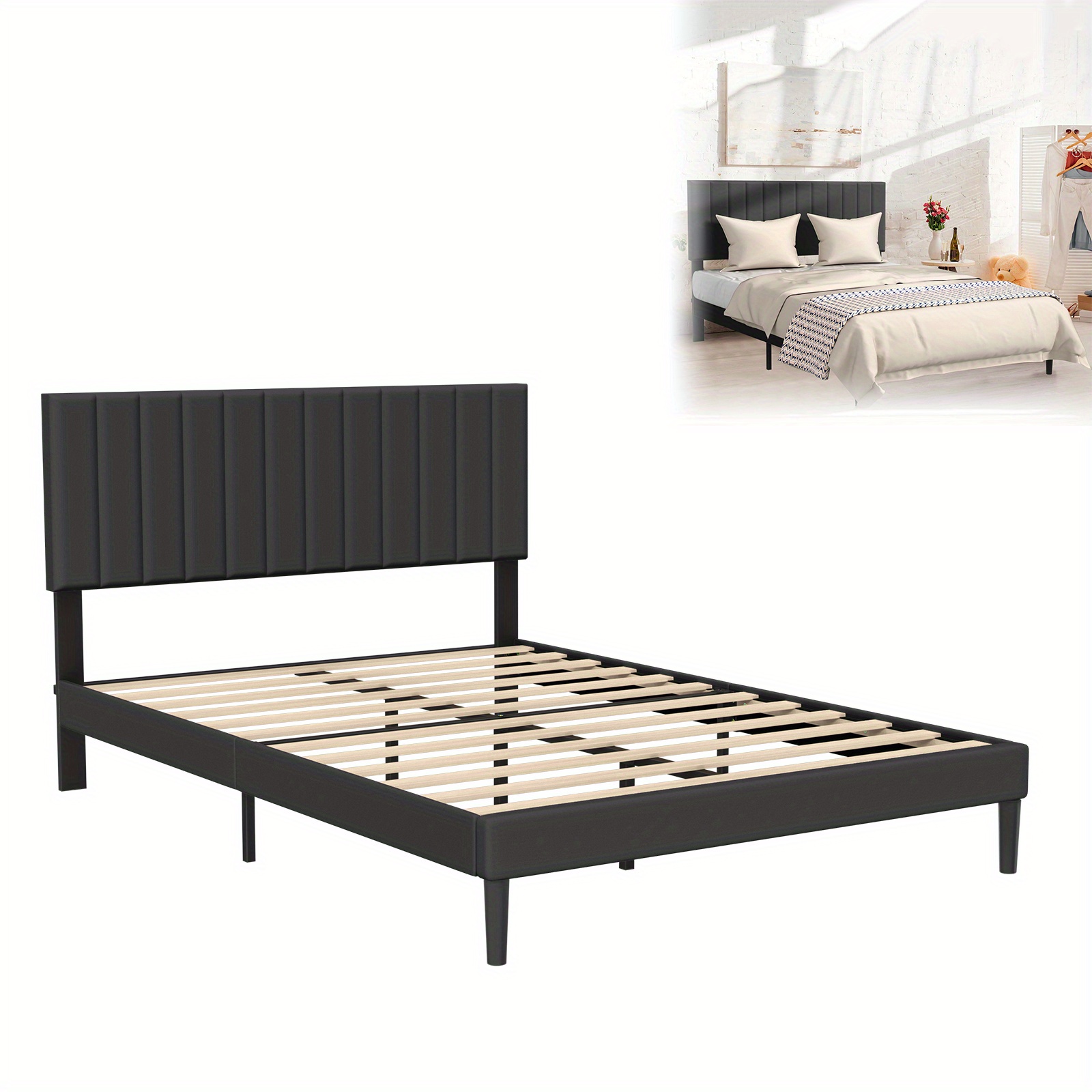 TEMU Upholstered Bed 90/ 140/ 160 X 200cm - Bed Frame With Buttons, Platform Bed Frame With Upholstered Headboard, Wooden Slatted Support, Double Bed