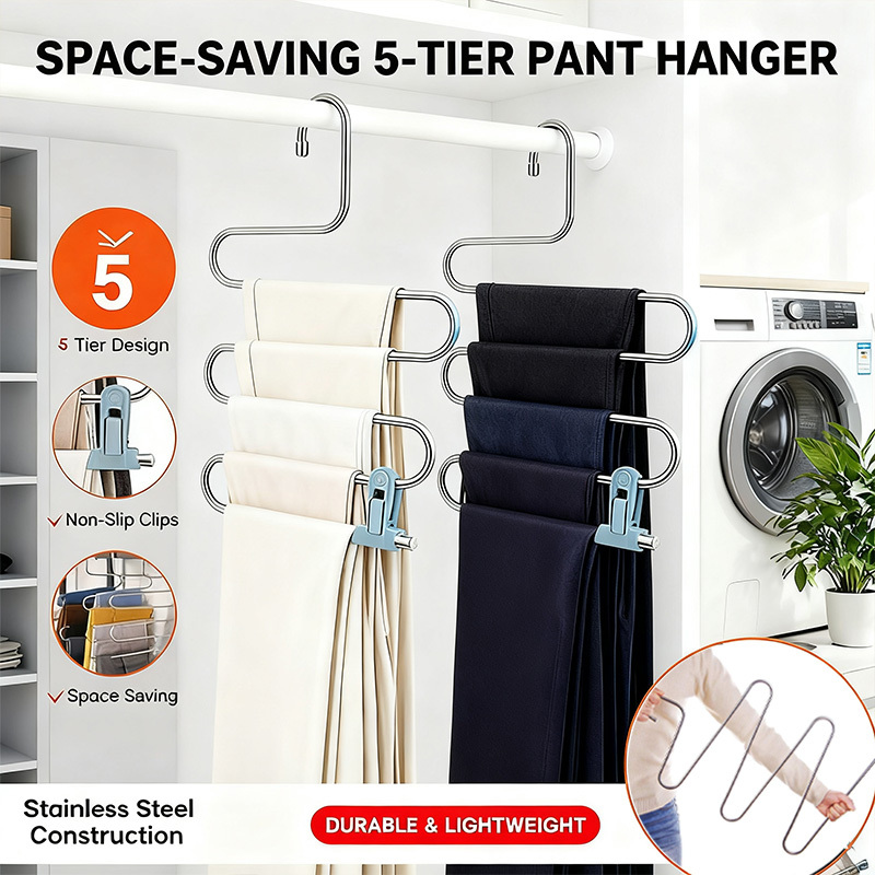 TEMU 2pcs Of Stainless Steel 5 Layer Multifunctional Hangers, Pants Storage Shelves, Wardrobe Storage Pants, Jeans, Scarves, Suitable For Hanging